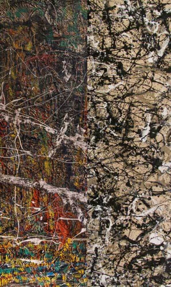 Accostamento di due opere differenti, stilisticamente simili: metà è una Straticromia di Brajo Fuso, metà un’opera realizzata con la tecnica del dripping da Jackson Pollock.